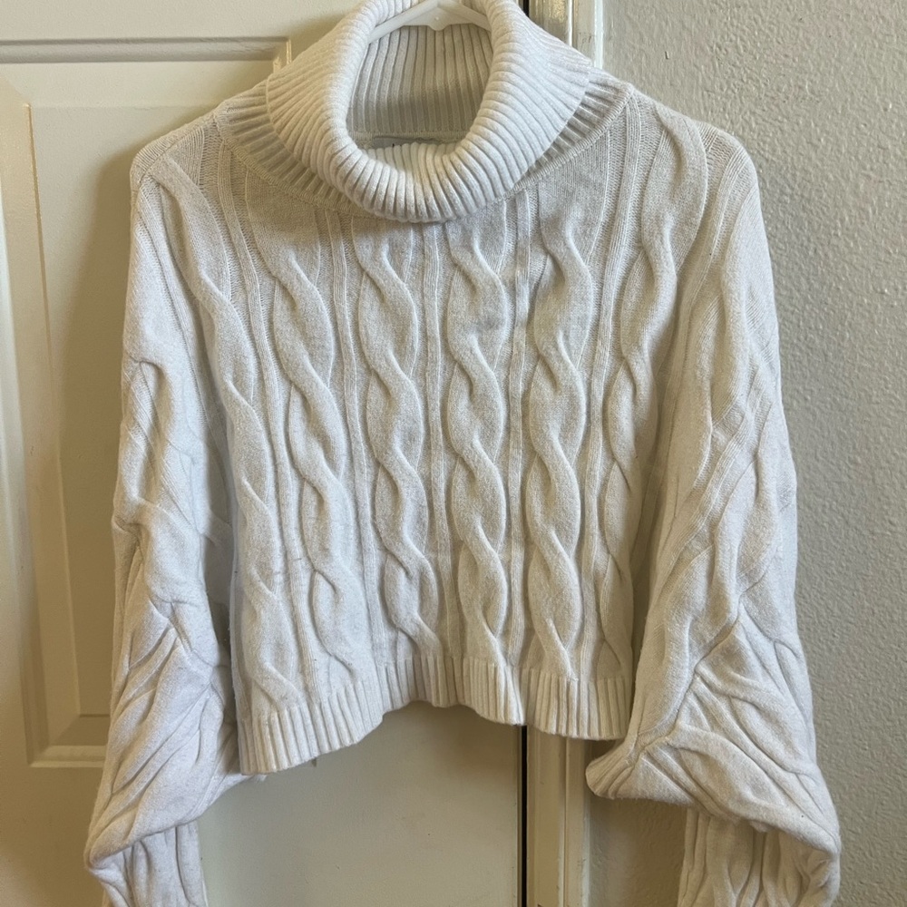 Women's Cropped White Cable Knit Turtleneck Sweater